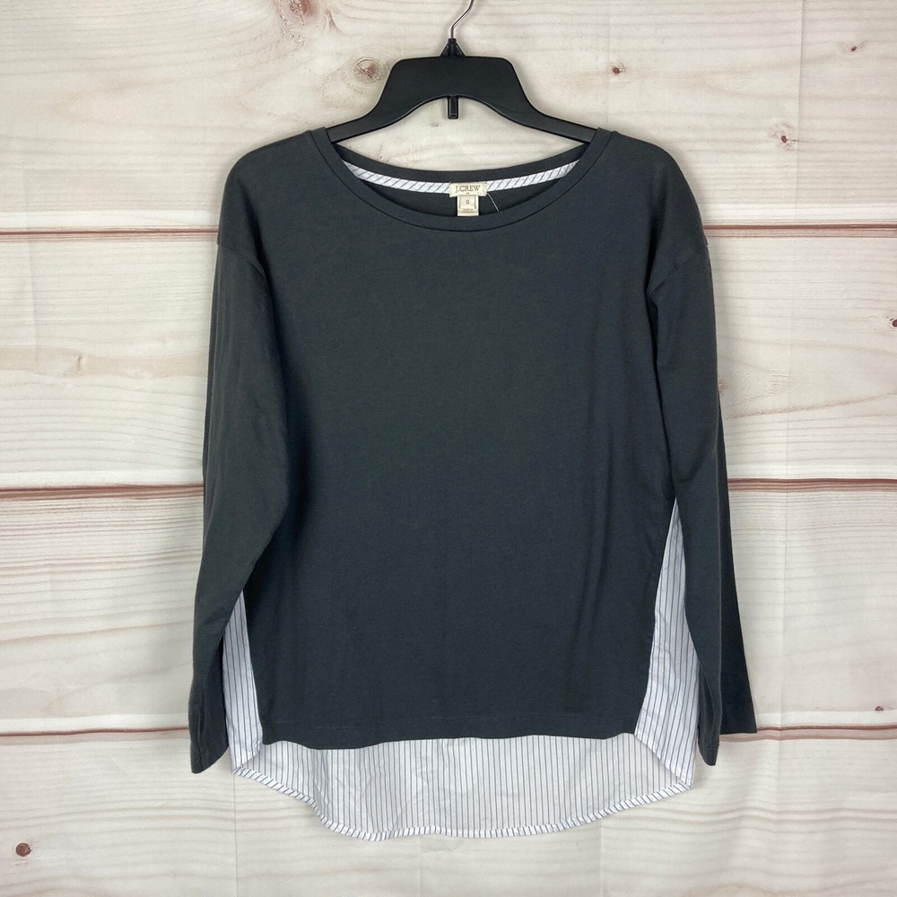 J. Crew Factory Top Womens Small Cotton Mixed Media Hi Low Gray Stripe Pullover